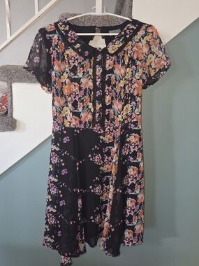Lucca Couture Backless Black Midi Dress with Orange and Pink Floral Print